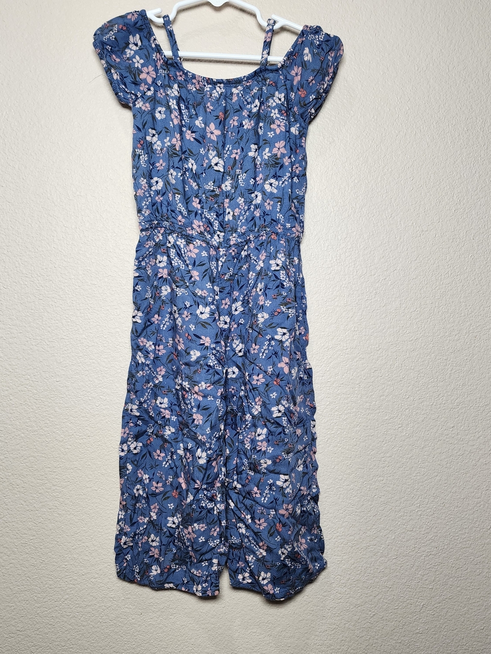 OshKosh B'gosh Blue Floral Romper Cap Sleeves with Pink & White Accents